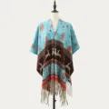 Knitted Christmas reindeer snowflake cape shawl with fringe hem, cozy winter warm wrap for women. - Snowfield Elk Blue Coffee Orange