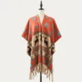 Knitted winter fringe shawl cape with classic reindeer and snowflake patterns for women. - Snowfield Elk Khaki Orange
