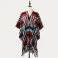 Knitted fringe poncho shawl for women, red blue black geometric pattern stylish wrap cloak - Geometric Peaks Black Red Green