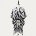 Women's knitted poncho shawl geometric wave pattern fringe winter warm cape wrap blue - Geometric Peaks Navy Blue