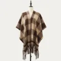Women brown beige plaid blanket shawl winter warm knitted tassel fringe cape poncho - 3D Impression Khaki Brown