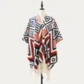 Stylish geometric pattern knitted fringe poncho shawl, versatile warm cape for women. - Crimson Snow Mirror