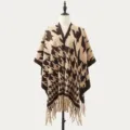 Knitted cape shawl in brown beige houndstooth pattern with chic fringe hem design for women. - Coffee and Camel Mixed Houndstooth