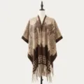 Women knitted poncho cape fringe winter warm wrap stylish casual brown outerwear shawl - Checkered Houndstooth in Coffee