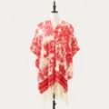 Red and white knitted poncho shawl with fringe cozy stylish warm wrap cape for women. - Ink Landscape Bright Red