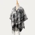 Black and white patterned knitted shawl cape for women, stylish fringe design, warm winter wear. - Ink Landscape Black and Beige
