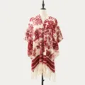 Red white knitted fringe cape shawl winter warm poncho stylish variant fashion outerwear - Ink Landscape Wine Red