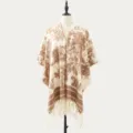 Knitted fringe poncho for women, beige brown abstract pattern autumn winter warm shawl cape. - Ink Landscape Khaki