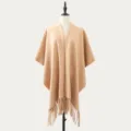 Solid color camel knitted shawl cape for women, stylish elegant fringed hem for autumn. - Solid Camel