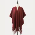 Women's Burgundy Tassel Poncho Scarf, Elegant Open Front Winter Warm Shawl Cape Style - Solid Wine Red