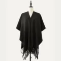 Black fringe shawl for women, stylish open front poncho cape for autumn and winter season. - Solid Black
