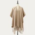 Camel knitted fringe shawl for women, stylish thick warm winter cape and poncho wrap. - Solid Khaki