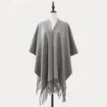 Grey fringe shawl women autumn winter classic solid color warm cozy poncho wrap scarf. - Solid Grey