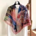 Women retro artistic print square scarf elegant versatile 110cm summer sun protection shawl - 4