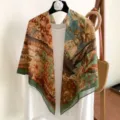 Vintage printed square scarf, green border, lightweight sun protection shawl for women. - 7
