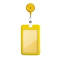 Yellow retractable badge reel and ID card holder detail view, durable plastic construction. - Yellow