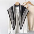 Black white paisley print triangle scarf chic retro silk feel neckerchief for women detail - RY-05