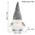 Detailed dimensions of a plush Christmas gnome ornament with a sequined gray hat - Gray