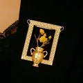 Elegant gold-framed brooch featuring a flower vase design with delicate yellow blooms - Vintage Photo Frame Bouquet Brooch (Without Flowers) (3946)