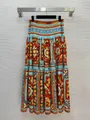 Mediterranean lemon print tiered maxi skirt for seaside resort fashion - XS / Bottoms / Orange Red