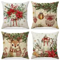 Set of 4 vintage Christmas cushion covers featuring festive reindeer and floral designs - Retro Scene and Reindeer Pattern (XP062) / 4 Pieces/Pack (45x45cm)