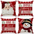 Set of four festive Christmas linen pillowcases with Santa Claus and snowman prints - Red Santa and Snowman Print (XP064) / 4pcs Set (45*45cm)