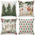 Set of 4 Christmas linen throw pillow covers with festive tree and joy patterns - Watercolor Christmas Tree and Holiday Hangings (XP059) / 4pcs Set (45*45cm)