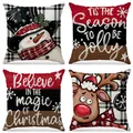 Set of four Christmas throw pillow covers featuring reindeer and snowman festive prints - Vintage Snowman and Reindeer Plaid (XP069) / 4pcs Set (45*45cm)