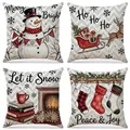 Set of four Christmas throw pillow covers with festive snowman and reindeer linen prints - Santa Claus and Fireplace Kitten (XP074) / 4pcs Set (45*45cm)