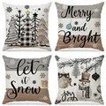 Set of 4 festive Christmas linen pillowcases featuring Merry and Bright winter designs - Vintage Plaid Christmas Tree and Snowman (XP066) / 4pcs Set (45*45cm)