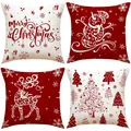 Set of 4 festive Christmas cushion covers featuring red and white reindeer and snowman motifs - Classic Red and White Reindeer and Snowman (YMX86) / 4pcs Set (45*45cm)