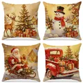 Set of 4 festive Christmas pillowcases featuring vintage Santa and snowman prints. - Vintage Illustration Santa and Truck (XP038) / 4pcs Set (45*45cm)