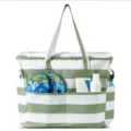Green and white striped beach tote bag with large capacity, dual shoulder straps and multi pockets. - Green Stripe