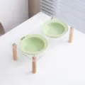 Verhoogde dubbele huisdiervoerbak set met doorzichtige acryl standaard en houten poten groen. - Dubbele voerbak blauwgroen en blauwgroen / Set keramische voerbakken