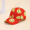 Red baseball cap with yellow smiley face print, hip-hop sun protection hat for men and women. - Brown Red Yellow Smiley Face