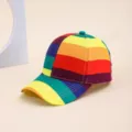 Multicolor striped baseball cap, vibrant colorblock design, stylish curved brim sun hat. - Dark Rainbow Stripe Patchwork