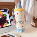 Bonita botella de agua térmica de gran capacidad con patrón de dibujos animados, taza de acero inox - 700ml / Amarillo
