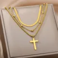 Elegant multi-layer gold chain necklace with cross pendant for women fashion layered jewelry - Triple Layer Stacking Cross Pendant Style (N03605G) / Gold