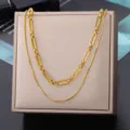 Elegant double layer gold necklace featuring paperclip and snake chain design for women. - Double Layer Thick Paperclip Chain Spliced Snake Chain Style (N04254G-2) / Gold