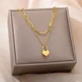 Gold layered paperclip chain necklace with heart lock pendant, elegant clavicle chain for women. - Double Layer Paperclip Chain Heart Lock Pendant Style (N04327G) / Gold