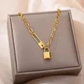 Gold padlock pendant necklace titanium steel paperclip chain fashion jewelry for women elegant gift. - Single Layer Thick Paperclip Chain Square Lock Style (N04328G) / Gold