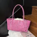 Pink PVC woven tote bag with inner pouch, large capacity beach and picnic handbag for women. - Rose Pink