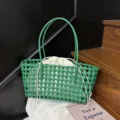 Summer green PVC woven tote bag, large capacity beach picnic bag for women daily use. - Dark Green