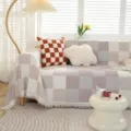 Couverture de canapé à carreaux de style nordique avec des franges pour le salon - 130x180cm (Fauteuil) / Carreaux beige et gris