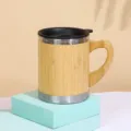 Stainless steel travel mug with bamboo wood outer shell and ergonomic handle, durable coffee cup. - 350 ml / Black Lid with Handle