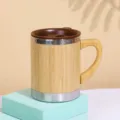 Stainless steel coffee mug with bamboo handle and lid natural wood texture water cup for home - 350 ml / Brown Lid with Handle