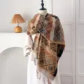 Retro ethnic style cashmere-like pashmina shawl with tassel fringe and logo pattern - Cross Pattern - Camel / 200*65cm