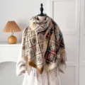 Retro ethnic pashmina scarf with tassel detail and vintage patterns for winter warmth. - Cross Pattern - Off-White / 200*65cm