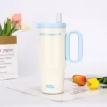 Large capacity stainless steel insulated tumbler with straw and handle, light blue lid. - Off-White - Blue Handle