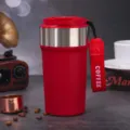 Close-up view of a vibrant red stainless steel insulated coffee tumbler with a carry strap. - 500ml / Red